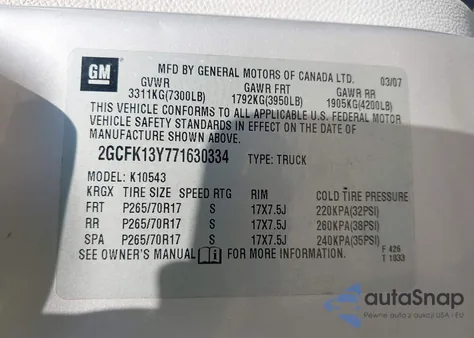 2007 Chevrolet Silverado 1500 Ltz из США, поврежденный, VIN 2GCFK13Y771630334